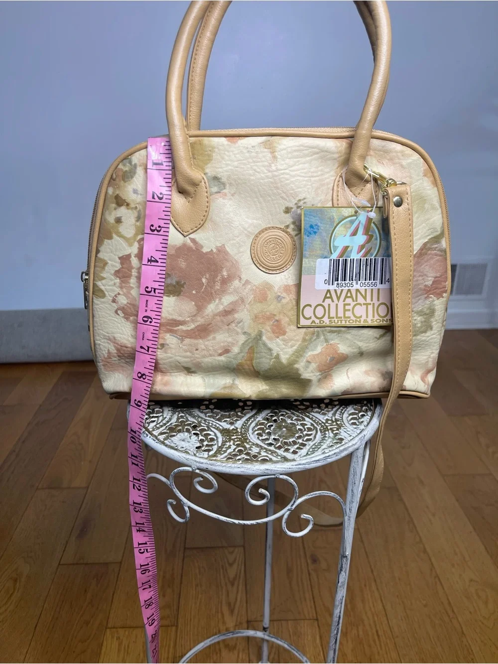 Vintage Beige Floral Satchel with Tan Trim